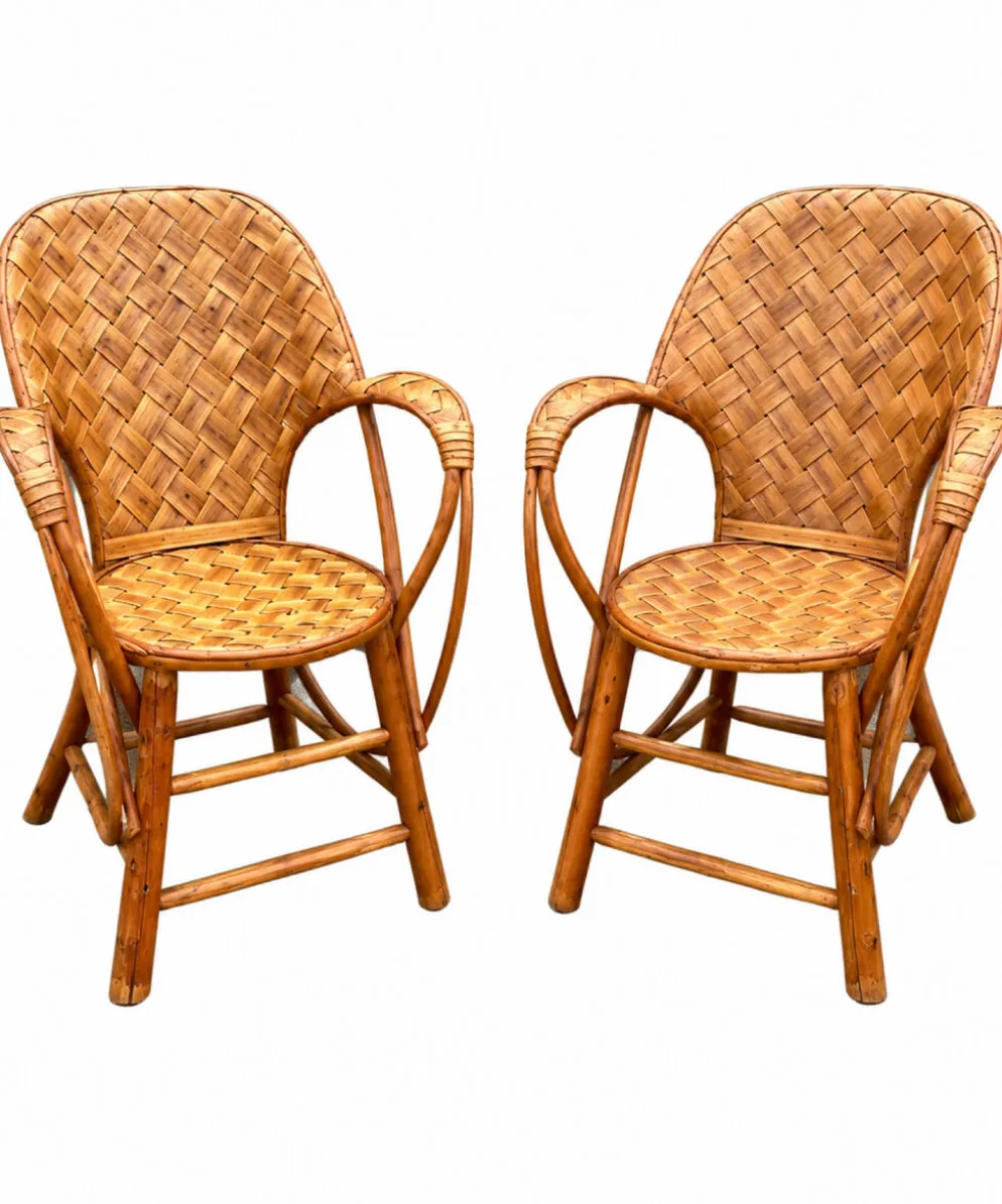 Ensemble de jardin vintage en rotin tressé –table ronde et 4 fauteuils