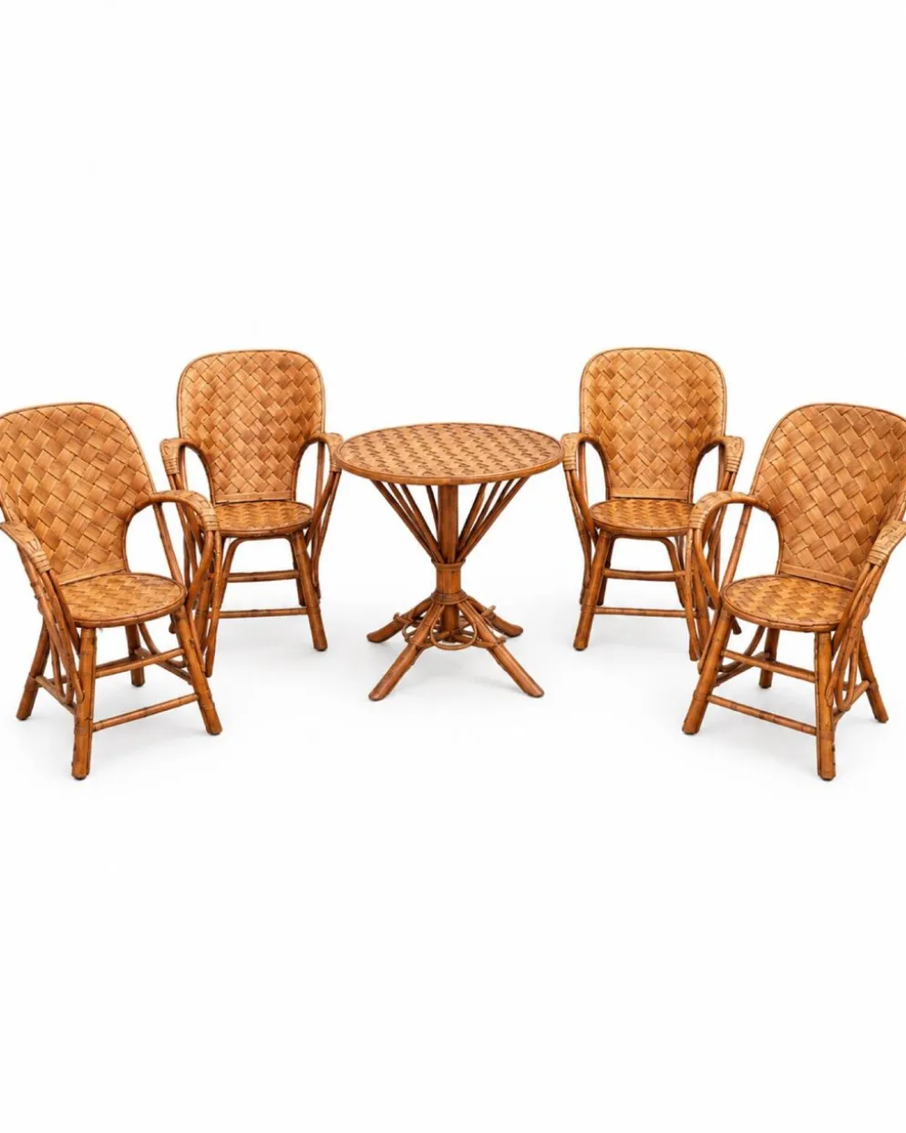Ensemble de jardin vintage en rotin tressé –table ronde et 4 fauteuils