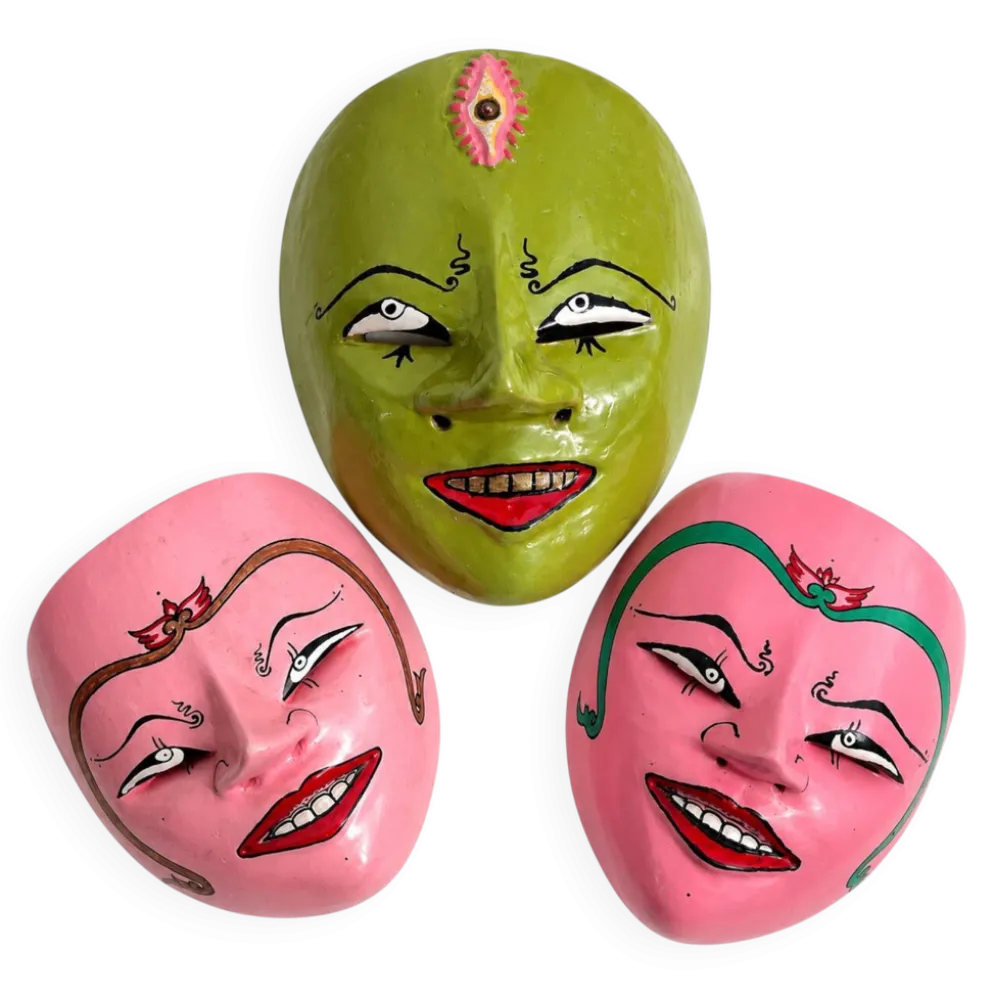 Ensemble de 3 masques muraux vintage peints à la main