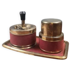 Ensemble fumeur vintage feutrine rouge & métal doré – Plateau, cendrier et pot