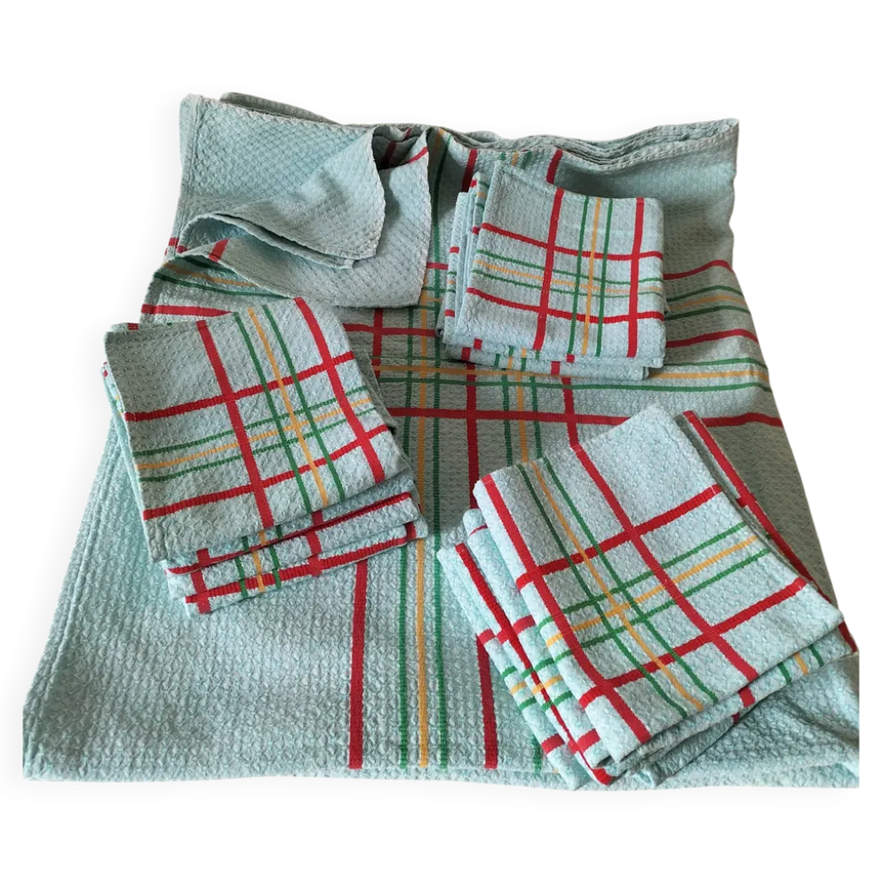 Ensemble nappe et 11 serviettes coton damassé vintage