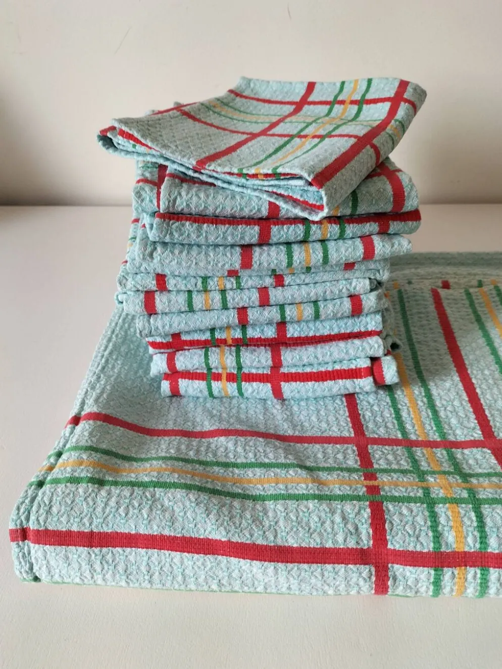 Ensemble nappe et 11 serviettes coton damassé vintage