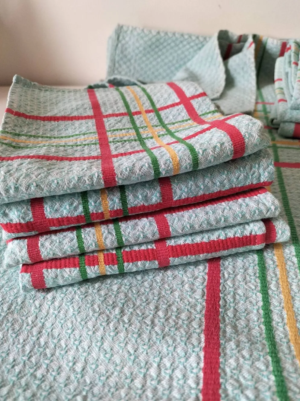 Ensemble nappe et 11 serviettes coton damassé vintage