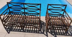 Ensemble salon de jardin une Banquette et un Fauteuil en bois Vintage