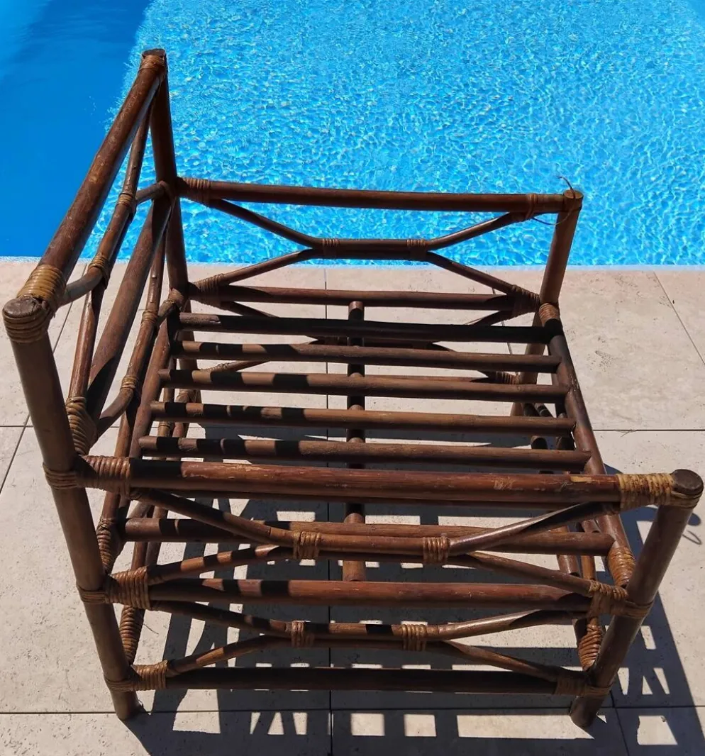 Ensemble salon de jardin une Banquette et un Fauteuil en bois Vintage