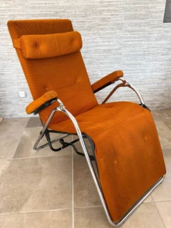 Fauteil relax Lama 1970 chaise longue velour orange