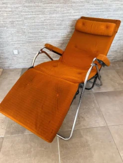 Fauteil relax Lama 1970 chaise longue velour orange