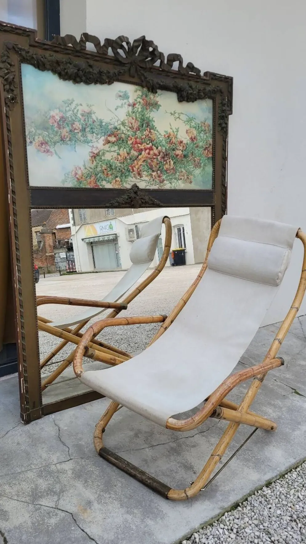 Fauteuil chaise longue transat vintage en bambou 1950s Italy
