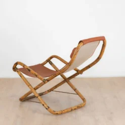 Fauteuil en cuir de salon pliant vintage structure bambou et laiton, Italie, années 1960