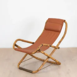 Fauteuil en cuir de salon pliant vintage structure bambou et laiton, Italie, années 1960