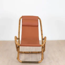 Fauteuil en cuir de salon pliant vintage structure bambou et laiton, Italie, années 1960