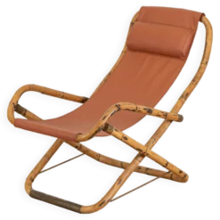 Fauteuil en cuir de salon pliant vintage structure bambou et laiton, Italie, années 1960