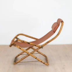 Fauteuil en cuir de salon pliant vintage structure bambou et laiton, Italie, années 1960