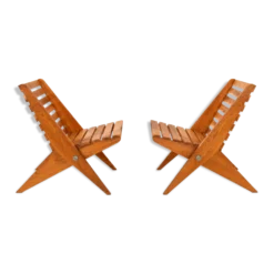 2 fauteuils de jardin ciseaux pliants en bois vintage