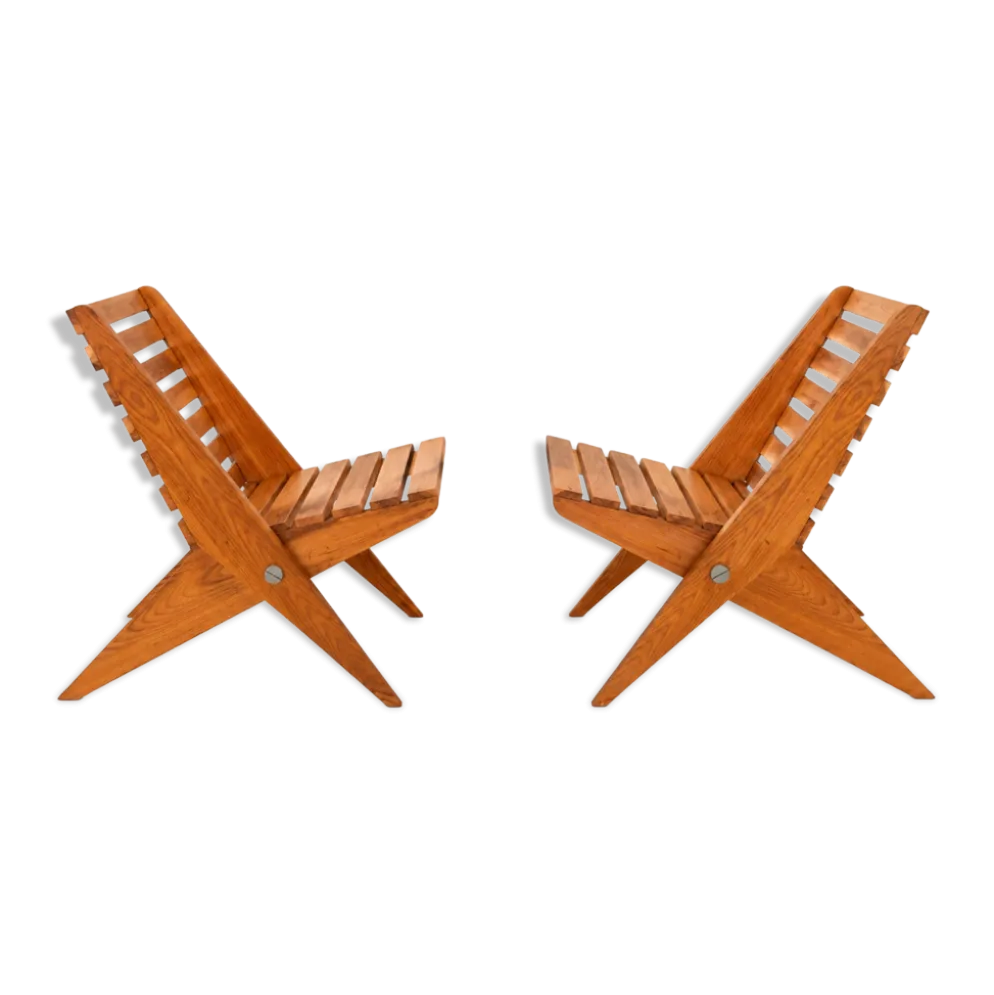 2 fauteuils de jardin ciseaux pliants en bois vintage
