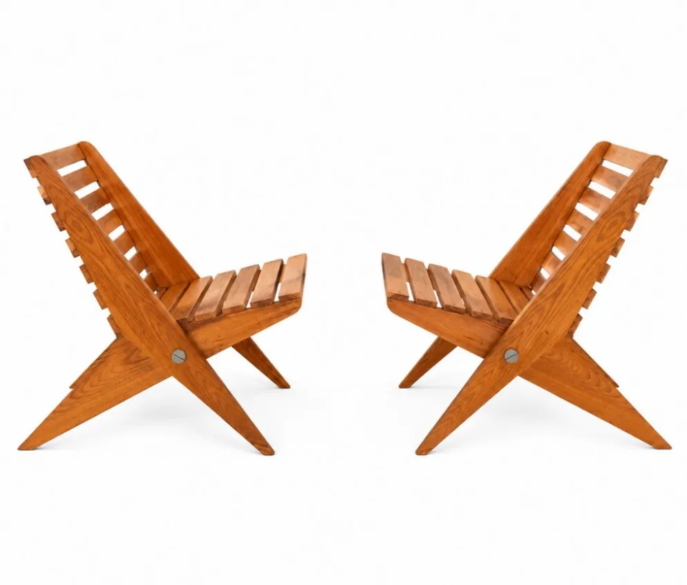 2 fauteuils de jardin ciseaux pliants en bois vintage