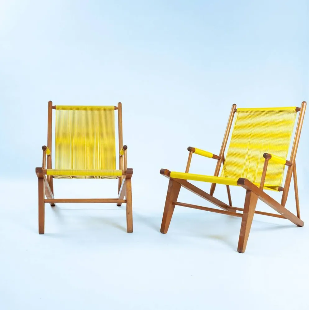 2 fauteuils spaghetti jaunes en hêtre, années 1960