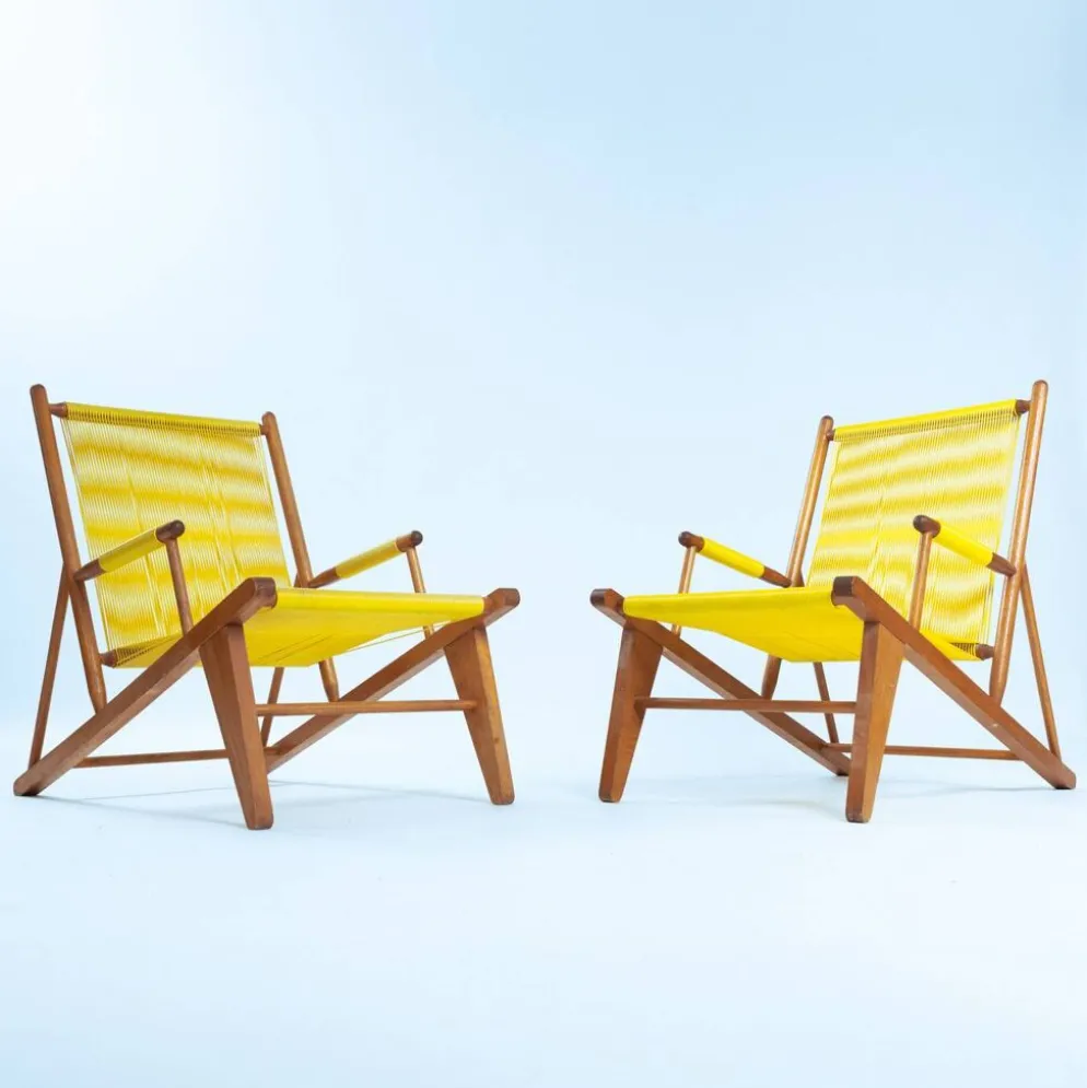 2 fauteuils spaghetti jaunes en hêtre, années 1960