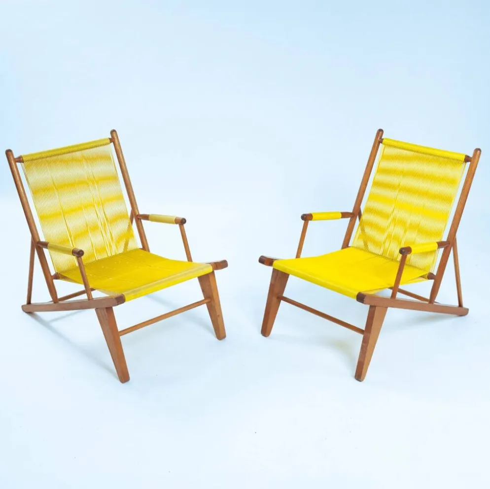 2 fauteuils spaghetti jaunes en hêtre, années 1960