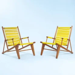 2 fauteuils spaghetti jaunes en hêtre, années 1960