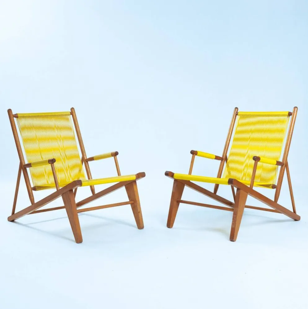 2 fauteuils spaghetti jaunes en hêtre, années 1960