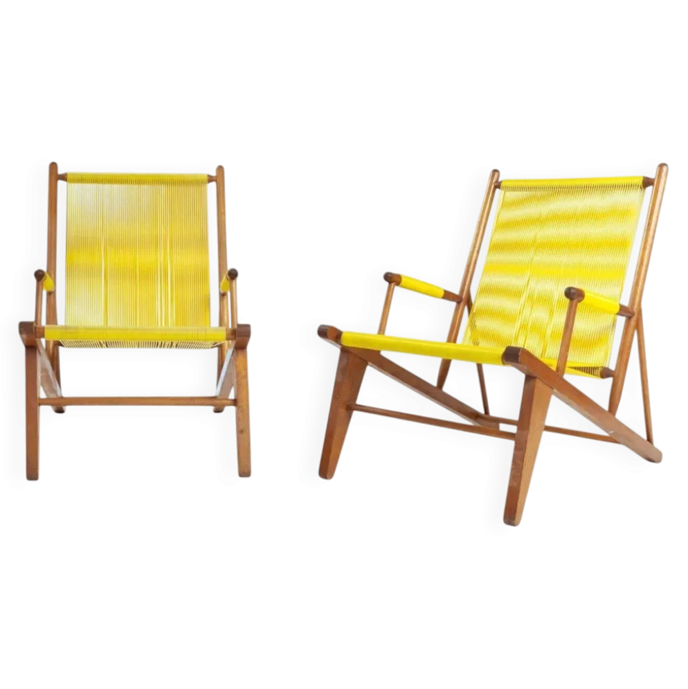 2 fauteuils spaghetti jaunes en hêtre, années 1960