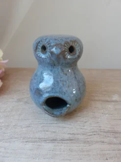 Figurine Chouette en céramique grès bleu, chouette zoomorphe en poterie vintage