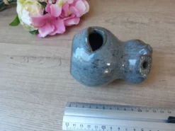 Figurine Chouette en céramique grès bleu, chouette zoomorphe en poterie vintage