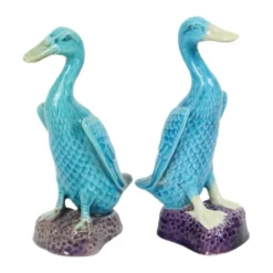 Figurine de canard vintage couple en porcelaine chinoise bleue