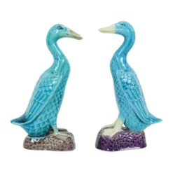 Figurine de canard vintage couple en porcelaine chinoise bleue