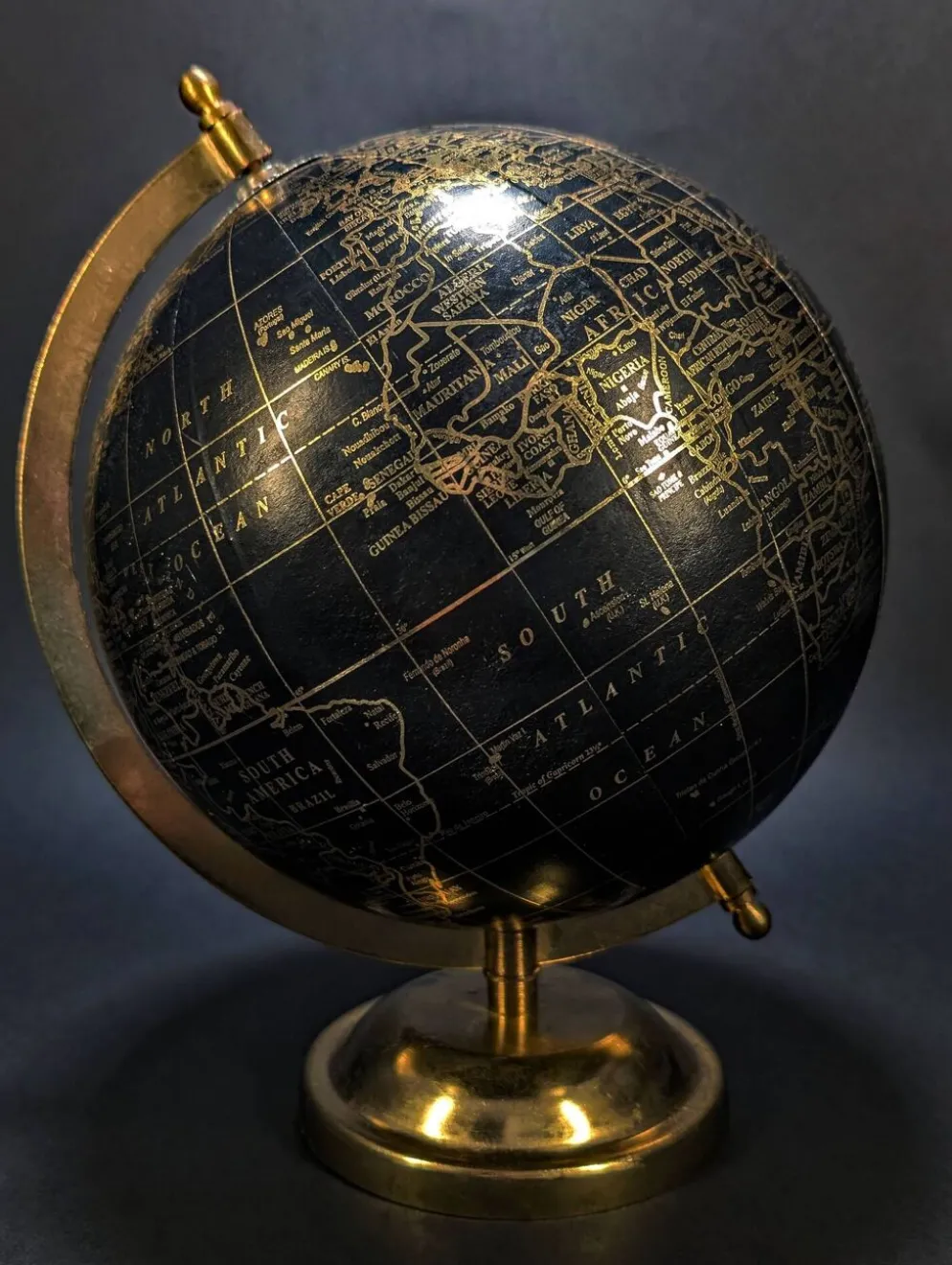 Globe terrestre vintage noir et or – Globe de bureau rotatif avec cadran de temps mondial