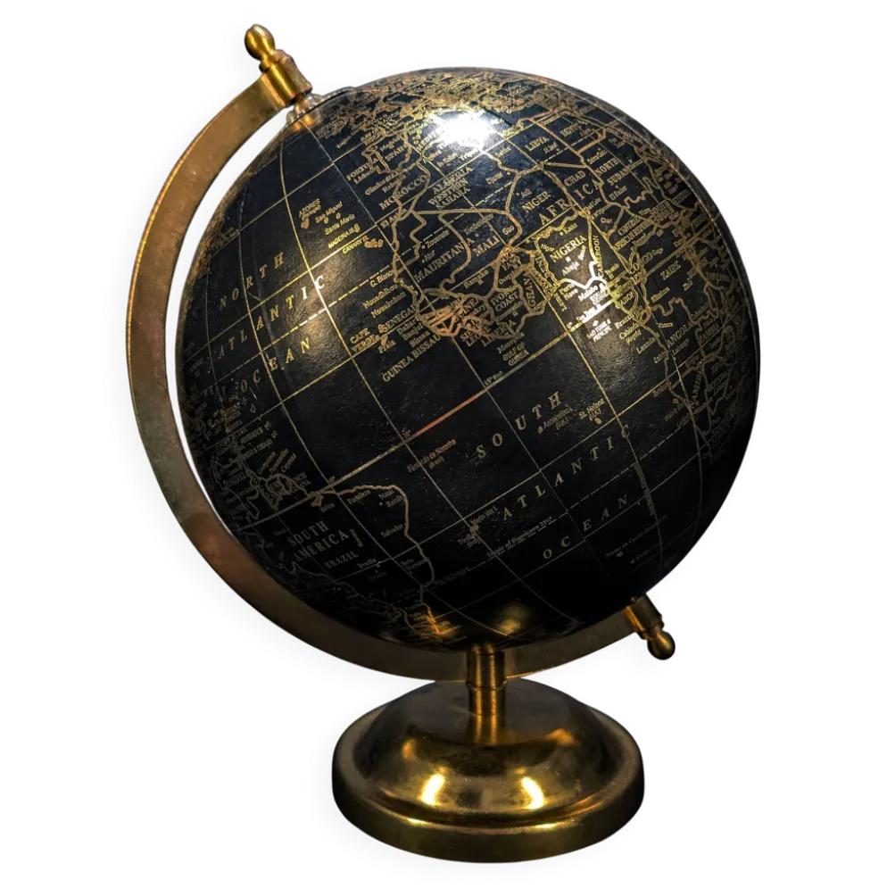 Globe terrestre vintage noir et or – Globe de bureau rotatif avec cadran de temps mondial