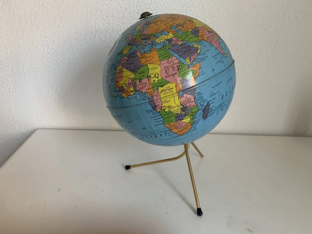 Globe vintage 1960 terrestre Taride tripode métal doré - 28 cm