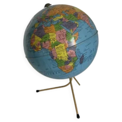 Globe vintage 1960 terrestre Taride tripode métal doré - 28 cm