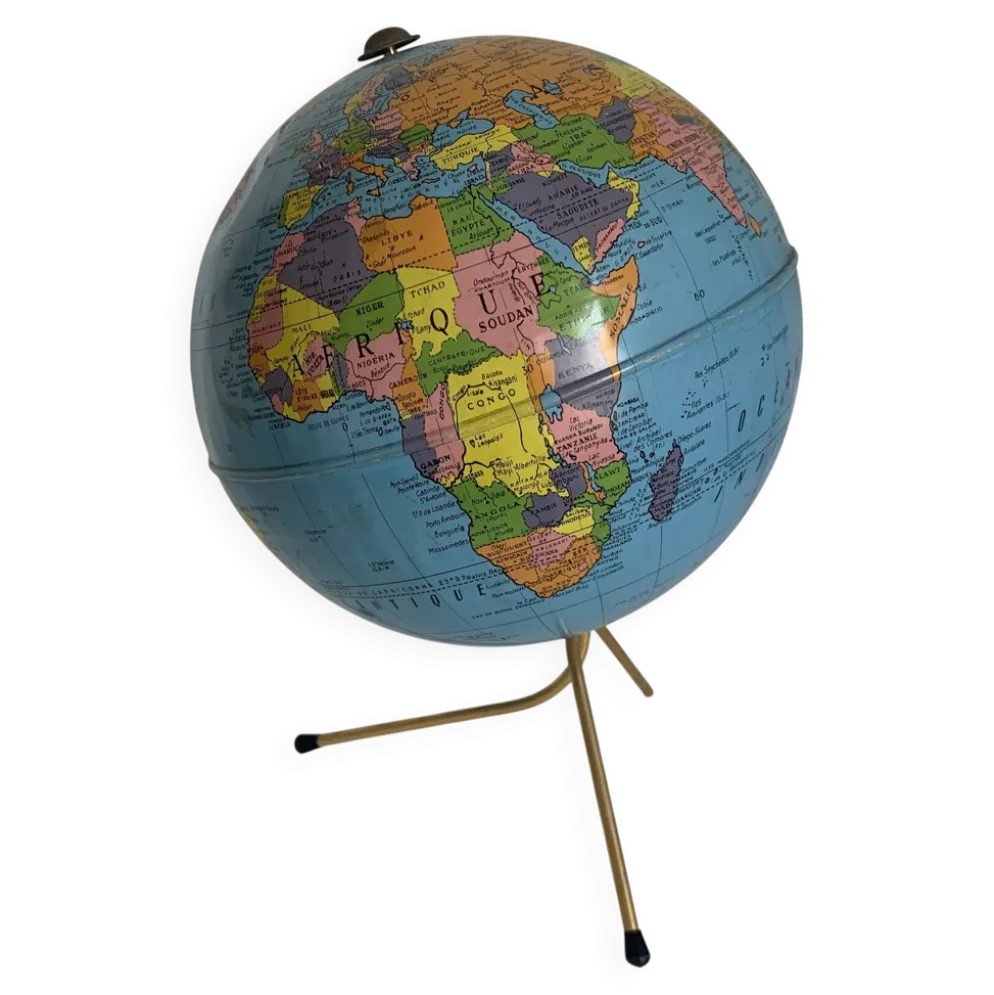 Globe vintage 1960 terrestre Taride tripode métal doré - 28 cm
