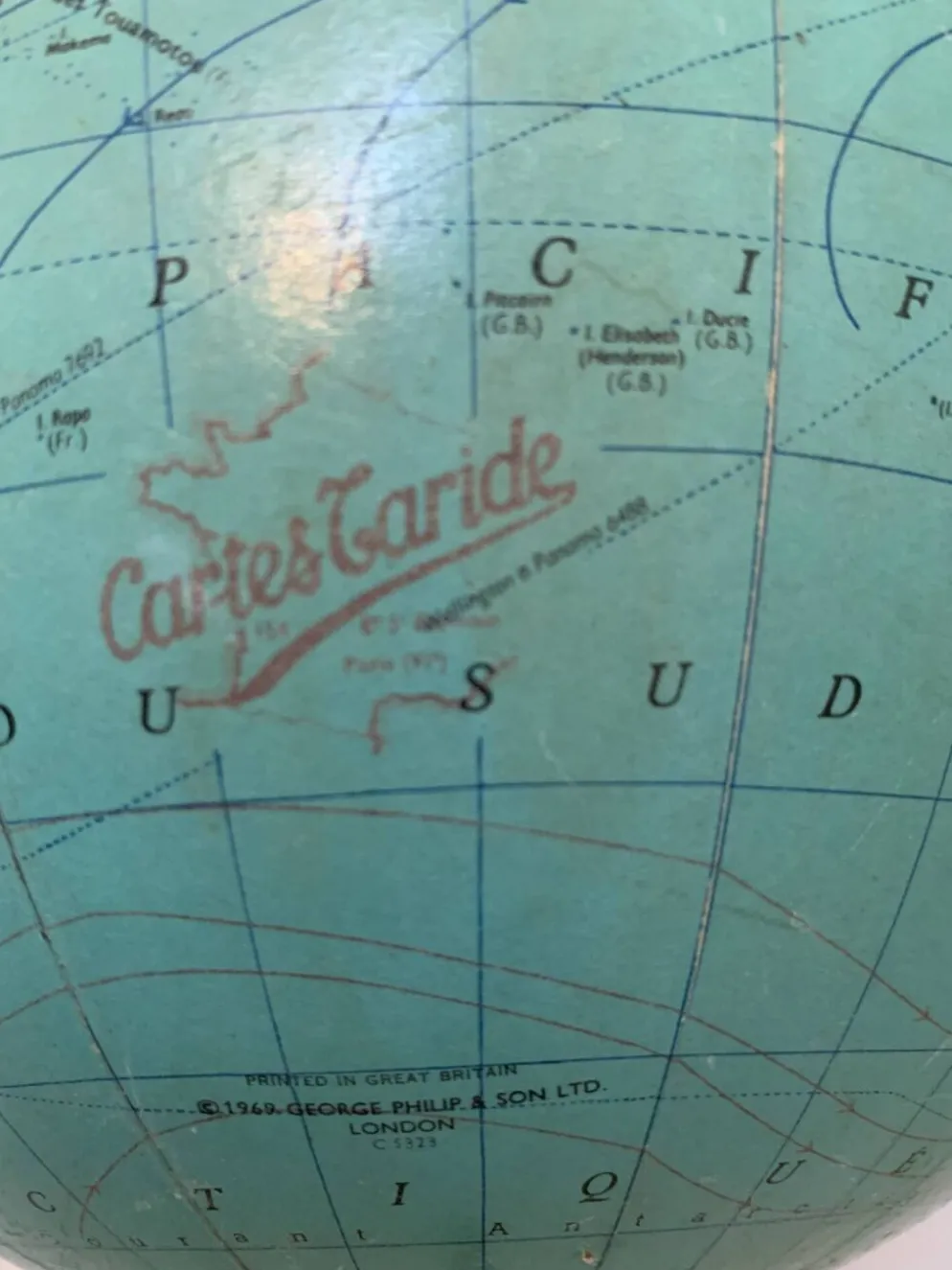 Globe vintage 1969 terrestre tripode verre Taride mappemonde - 33 cm