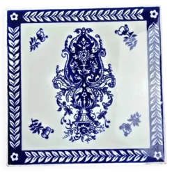 Grand carreau ancien gien bleu blanc – faïence décorative vintage 15x15 cm