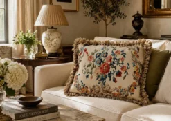 Grand coussin en tapisserie Aubusson de style français avec bouquet de roses et frange à pompons.