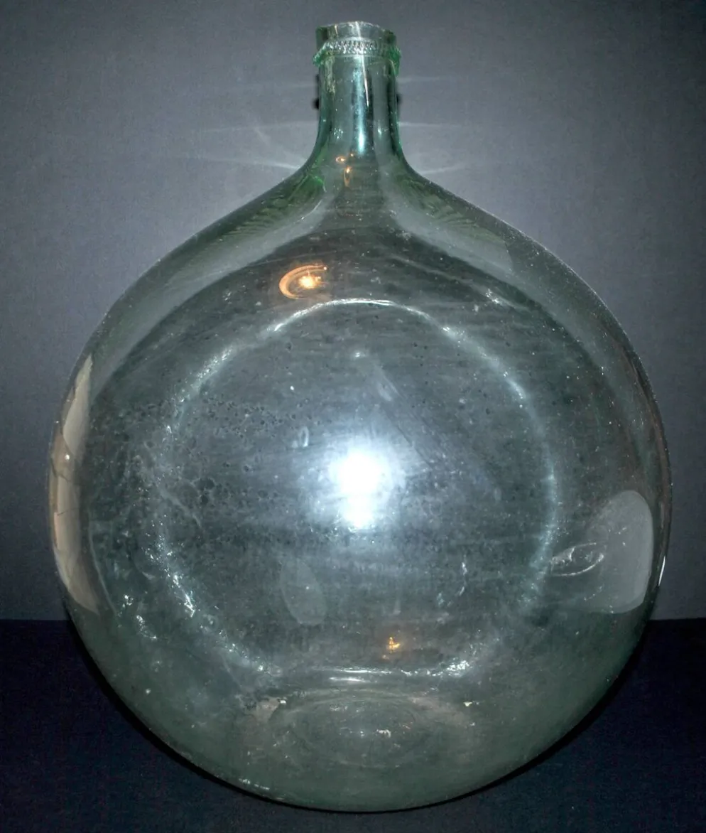Grande Bonbonne Dame-Jeanne en verre vert clair vintage 20L H42cm