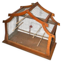Grande cage à oiseau vintage en bois et grillage métal - Fabrication artisanale 1960