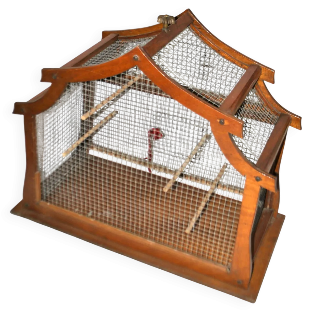 Grande cage à oiseau vintage en bois et grillage métal - Fabrication artisanale 1960