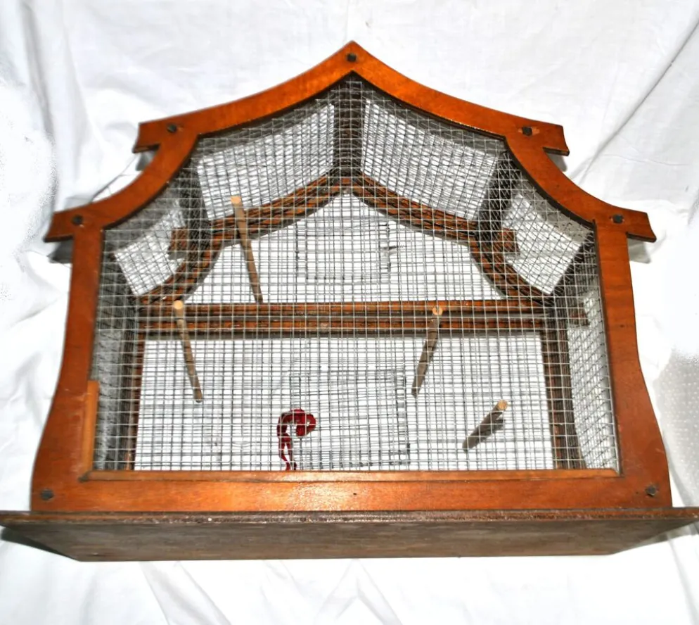 Grande cage à oiseau vintage en bois et grillage métal - Fabrication artisanale 1960