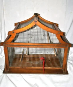 Grande cage à oiseau vintage en bois et grillage métal - Fabrication artisanale 1960