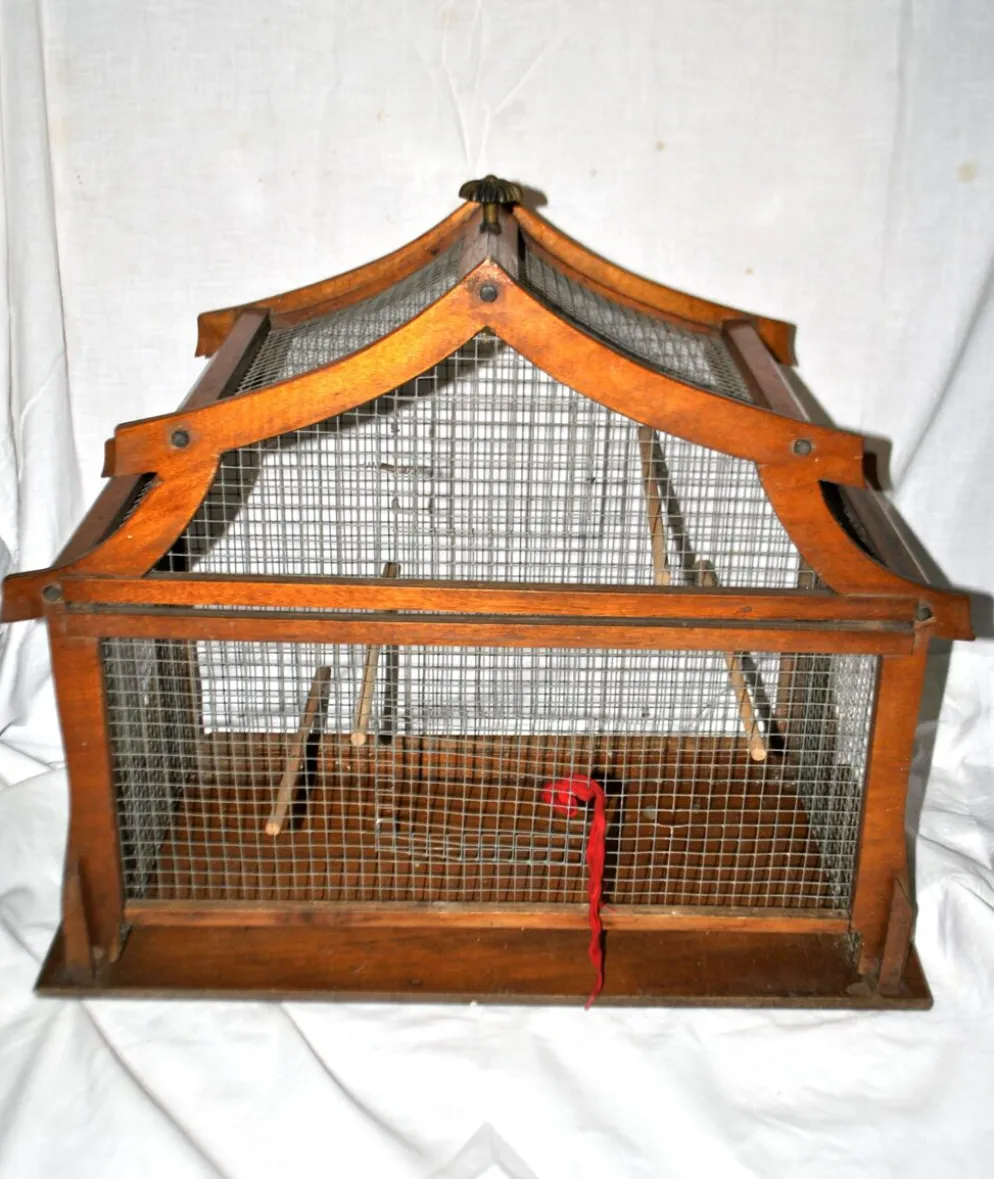 Grande cage à oiseau vintage en bois et grillage métal - Fabrication artisanale 1960