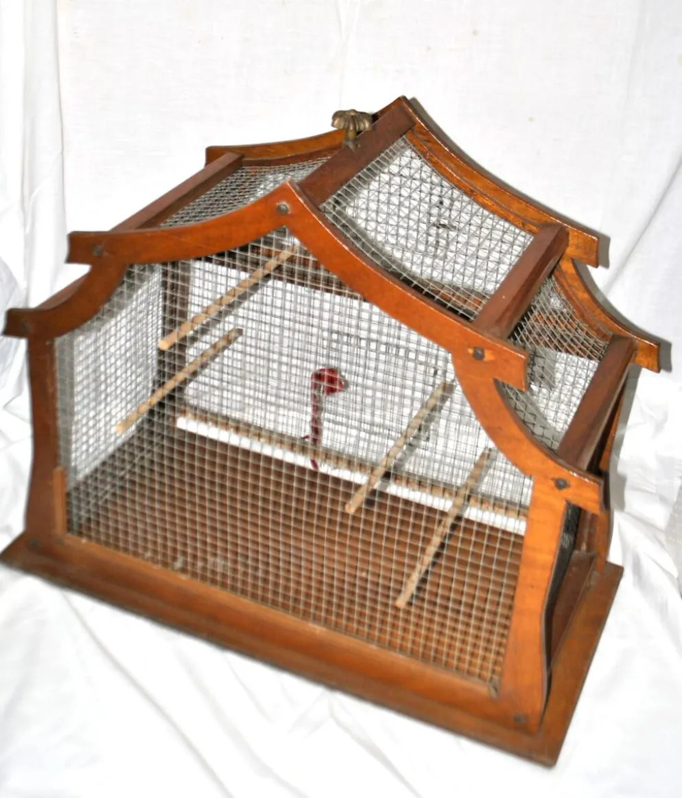 Grande cage à oiseau vintage en bois et grillage métal - Fabrication artisanale 1960