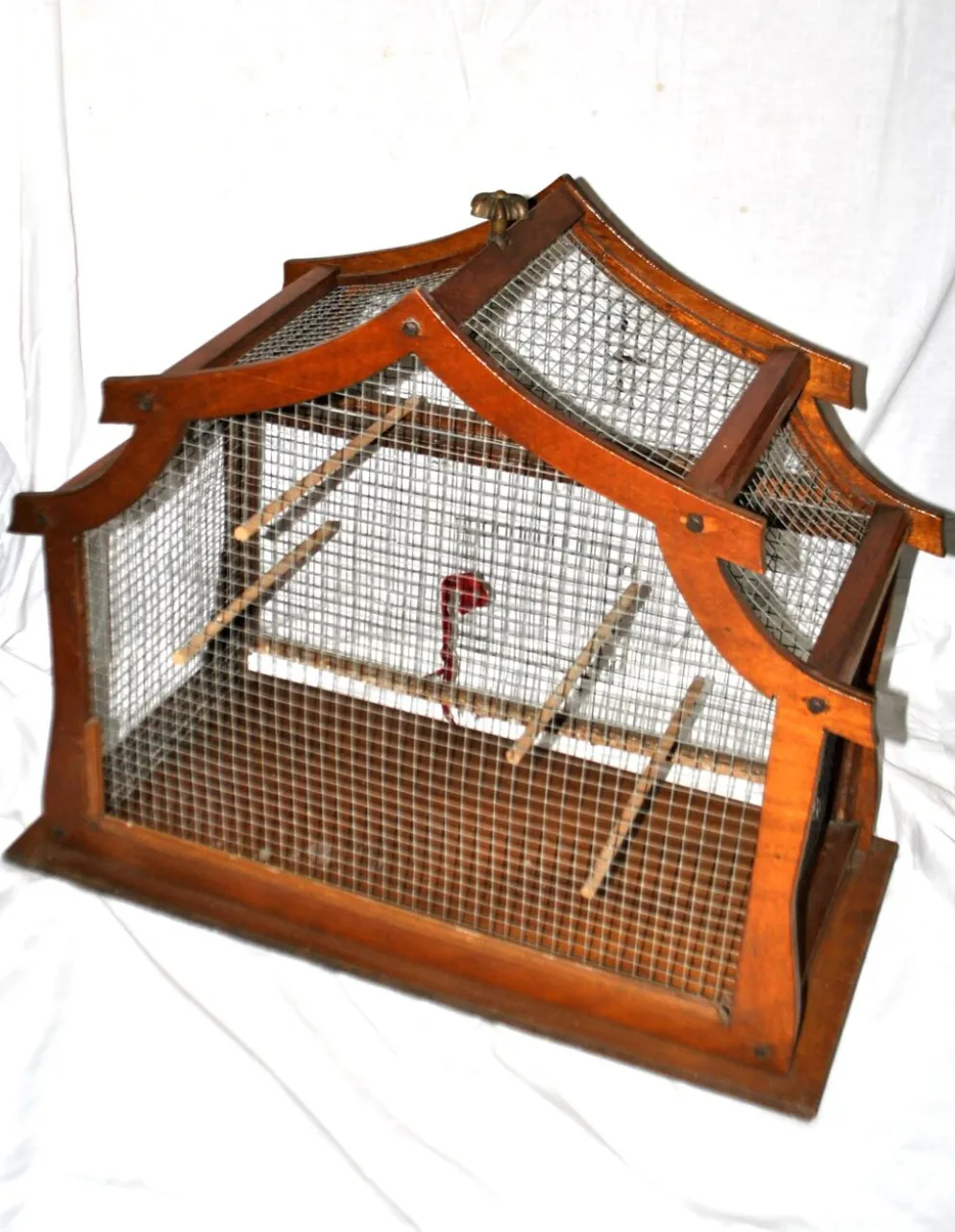 Grande cage à oiseau vintage en bois et grillage métal - Fabrication artisanale 1960