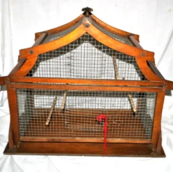 Grande cage à oiseau vintage en bois et grillage métal - Fabrication artisanale 1960