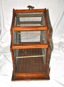 Grande cage à oiseau vintage en bois et grillage métal - Fabrication artisanale 1960