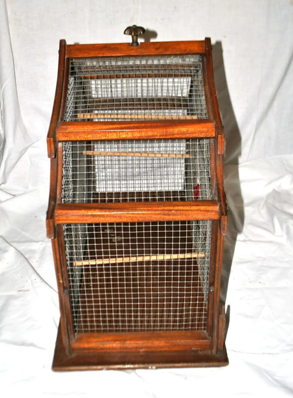 Grande cage à oiseau vintage en bois et grillage métal - Fabrication artisanale 1960
