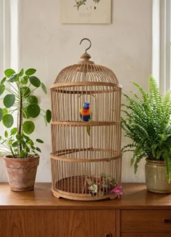 Grande Cage à oiseaux en bambou et rotin des années 70